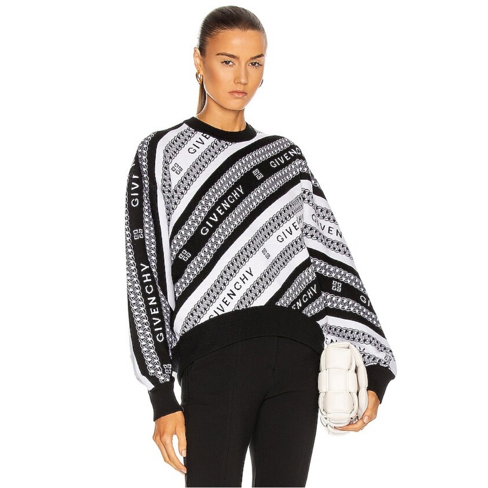 Givenchy graphic chain logo wool crew neck sweater in black and white